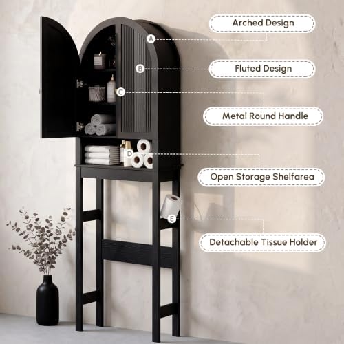 HMstone Over The Toilet Storage Cabinet, Arched Bathroom Organizer and Storage with Doors and Adjustable Shelf, Space-Saving Freestanding Bathroom Modern Storage Cabinet Over Toilet (Black)