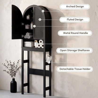 HMstone Over The Toilet Storage Cabinet, Arched Bathroom Organizer and Storage with Doors and Adjustable Shelf, Space-Saving Freestanding Bathroom Modern Storage Cabinet Over Toilet (Black)