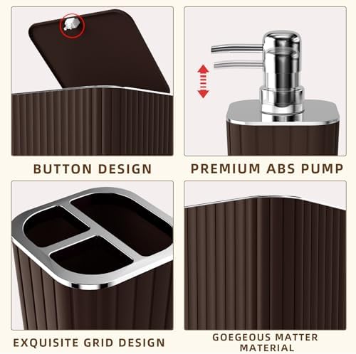 XLHOMO Bathroom Accessories Set - Gorgeous Bathroom Set, 10PC Brown Bathroom Accessories, Bathroom Accessory Set, Toilet Brush, Trash Can, Qtip Holder Dispenser & Soap Dispenser