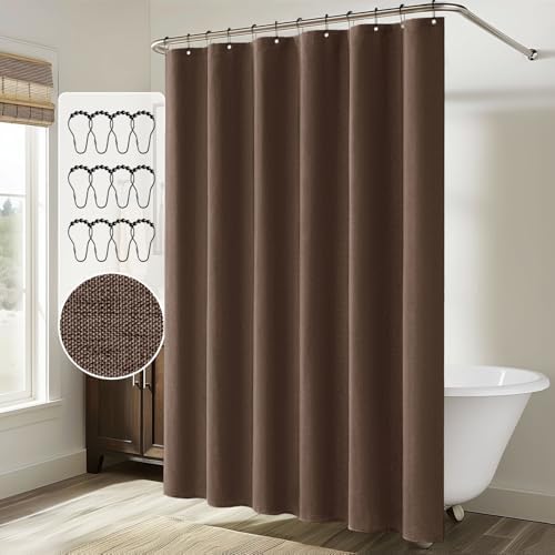 MIULEE 72 x 84 Extra Long Linen Shower Curtain Brown 12 Metal Hooks