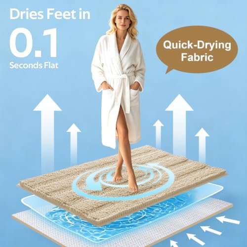 ACCUMTEK Striped Beige Bathroom Rug Mat Set 2 piece 32"x20"+24"x17" Ultra Soft, Non Slip Chenille Bath Rugs, Absorbent Plush Shaggy Bath Mats for Bathroom, Bedroom, Kitchen, Shower, Tub