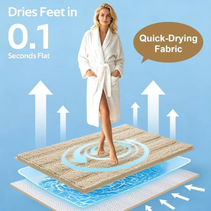 ACCUMTEK Striped Beige Bathroom Rug Mat Set 2 piece 24"x17"+48"x20" Ultra Soft, Non Slip Chenille Bath Rugs, Absorbent Plush Shaggy Bath Mats for Bathroom, Bedroom, Kitchen, Shower, Tub