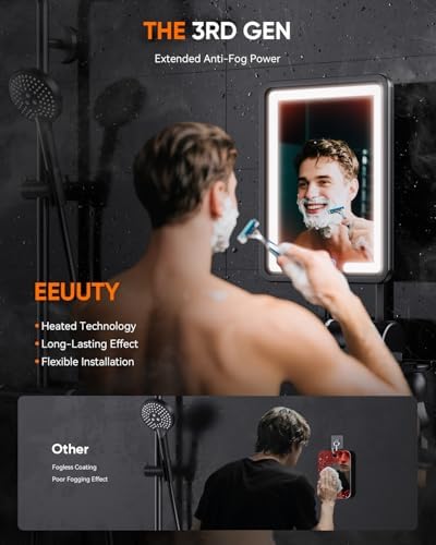 Heated Shower Mirror Fogless for Shaving (Gen 3) - 3 Colors Stepless Dimmable Lights, Anti-Fog Shaving Mirror with Razor Holder, No-Drilling, Removable - Black