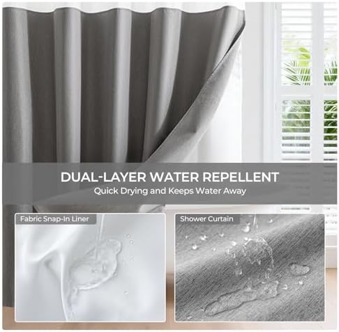 River Dream Linen Textured No Hooks Shower Curtain with Liner,Grey,71x86
