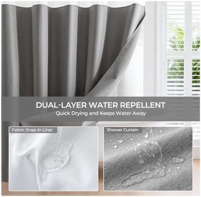 River Dream Linen Textured No Hooks Shower Curtain with Liner,Grey,71x86