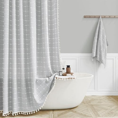 BTTN 108x72 Boho Farmhouse Linen Heavy Duty Shower Curtain Set, Gray/Grey