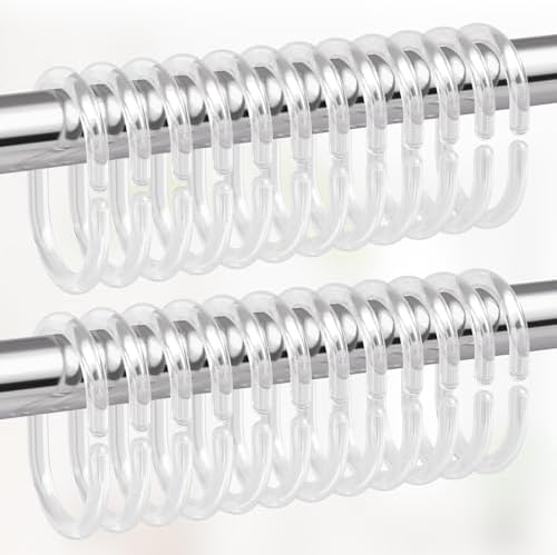 Amazer 24 Pack Clear Plastic Shower Curtain Rings and Hooks - C Shaped for Bathroom Shower Curtains