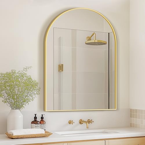 Arched Bathroom Mirror for Wall, 40" x 28" Metal Frame Vanity Mirror, Gold
