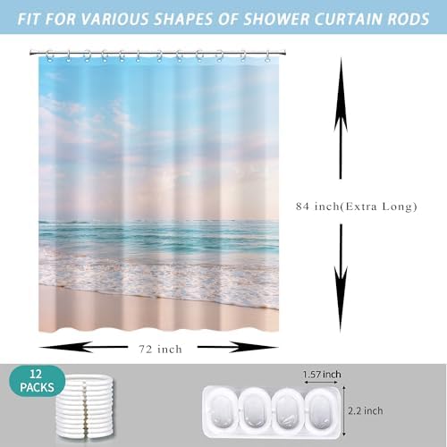 Extra Long Ocean Beach Coastal Seaside Shower Curtain for Bathroom 72W*84H Inch Nautical Summer Seacoast Beachy Waves Seascape Nature Bathtub Decor Waterproof Polyester Fabric Set