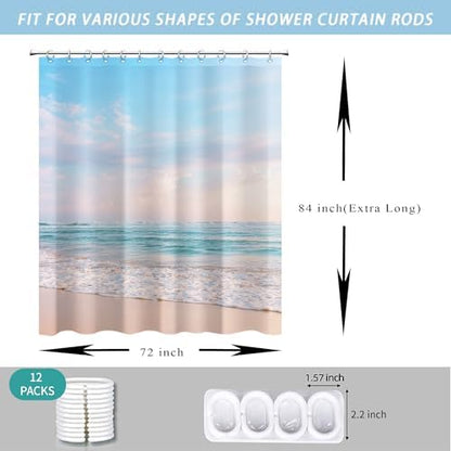 Extra Long Ocean Beach Coastal Seaside Shower Curtain for Bathroom 72W*84H Inch Nautical Summer Seacoast Beachy Waves Seascape Nature Bathtub Decor Waterproof Polyester Fabric Set