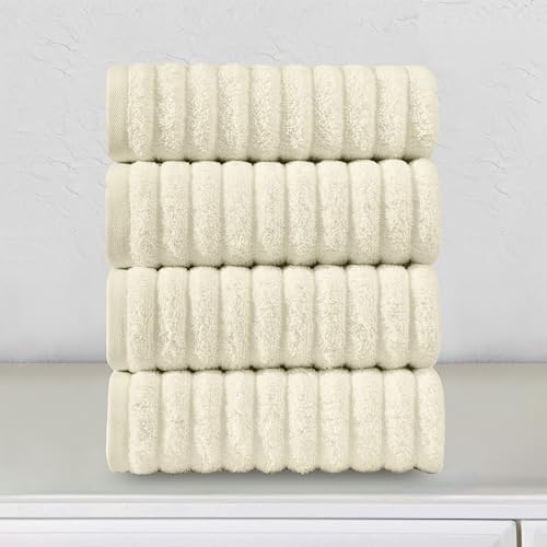 Elegant Comfort Luxury 100% Turkish Cotton Corduroy Ribbed 4 Pack Hand Towel Set 16 x 28 Inch - Absorbent, Super Soft, Quick Dry, Premium Towels for Bathroom, Gym, Spa and Hotel Use, Ivory