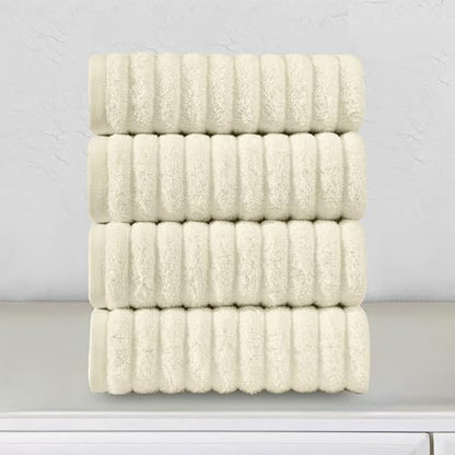 Elegant Comfort Luxury 100% Turkish Cotton Corduroy Ribbed 4 Pack Hand Towel Set 16 x 28 Inch - Absorbent, Super Soft, Quick Dry, Premium Towels for Bathroom, Gym, Spa and Hotel Use, Ivory