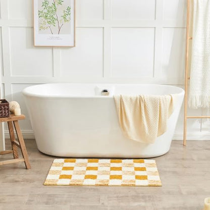 CozeCube Harvest Gold Checkered Bath Mat 47"x24" Non Slip Washable Rug