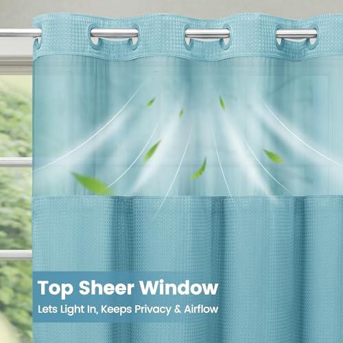 SORTTO No Hook Waffle Shower Curtain with Snap in Liner Set, 71x74, Cyan