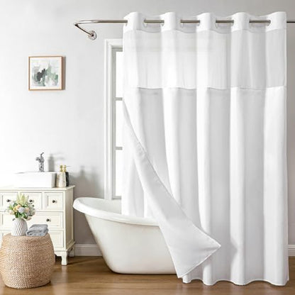eachope No Hook Linen Texture Shower Curtain with Snap-in Liner,71x86 White