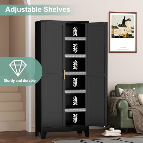 Metal Pantry Cabinet with 2 Doors and 5 Adjustable Shelves, 75"Kitchen Storage cabinets with Gold Handles, Versatile Storage for Laundry Room, Living Room, Bathroom, Dinning Room, Utility Room-Black