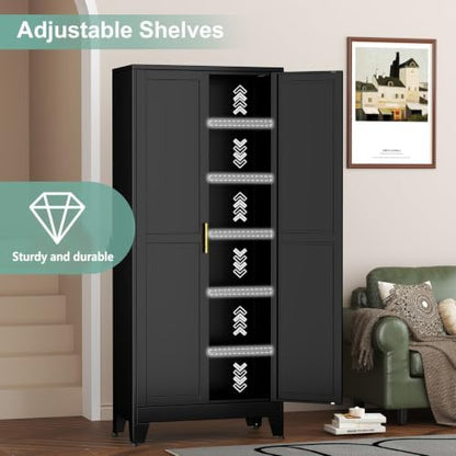 Metal Pantry Cabinet with 2 Doors and 5 Adjustable Shelves, 75"Kitchen Storage cabinets with Gold Handles, Versatile Storage for Laundry Room, Living Room, Bathroom, Dinning Room, Utility Room-Black
