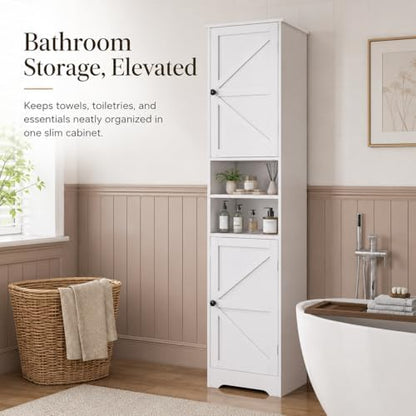 Viaozutis Tall Bathroom Storage Cabinet, Slim Freestanding Cabinet with Adjustable Shelves, Vertical Storage Organizer for Small Bathrooms, Toilet Paper & Daily Essentials Storage（White）