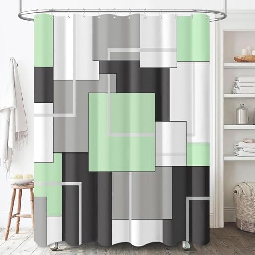 BTTN 54x78 Stall Geometric Waterproof Fabric Shower Curtain Set, Mint Green