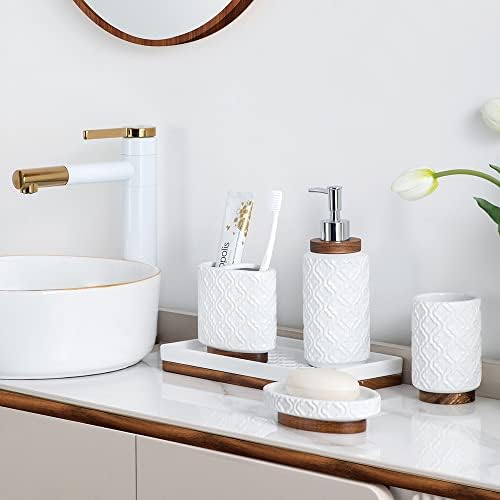 RQYIXI Ceramic Bathroom Accessories Set,Cream White,6 Piece,Embossed Design