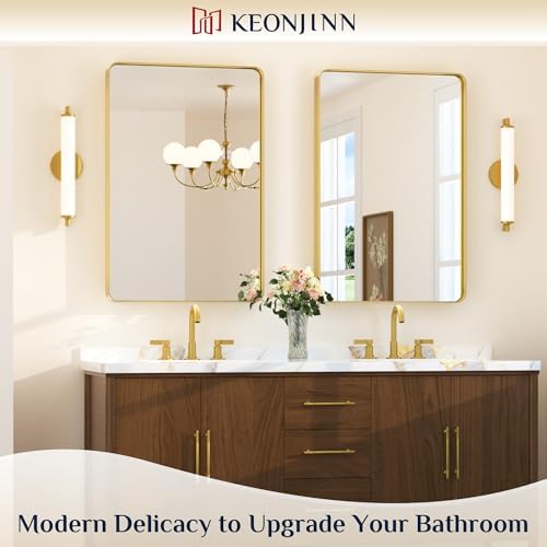 Keonjinn 24 x 36 Inch Gold Bathroom Mirrors for Over Sink, Tempered Glass