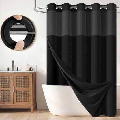 BTTN 60x75 Ringless Linen Textured Shower Curtain with Snap in Liner, Black