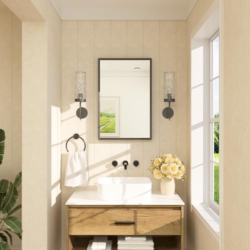 TETOTE Black Bathroom Mirror 20" x 30" Matte Black Rectangle Beveled Framed Bathroom Vanity Mirror for Over Sink, Tempered Glass, Shatterproof, Stronger Frame, Modern Farmhouse Bedroom, Entryway