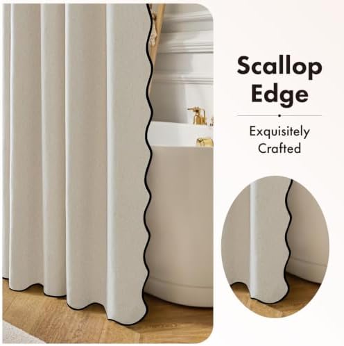 ANRODUO Cream Beige Scalloped Linen Textured Shower Curtain, W72 x L80