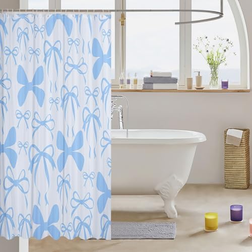 jejeloiu Cute Bowknot Shower Curtain for Bathroom Decor 72"x72" Blue Girls Bow Bath Curtain Kawaii Bathroom Accessories Waterproof Polyester Fabric with 12 Hooks for Stalls Bathtubs Princess Decor