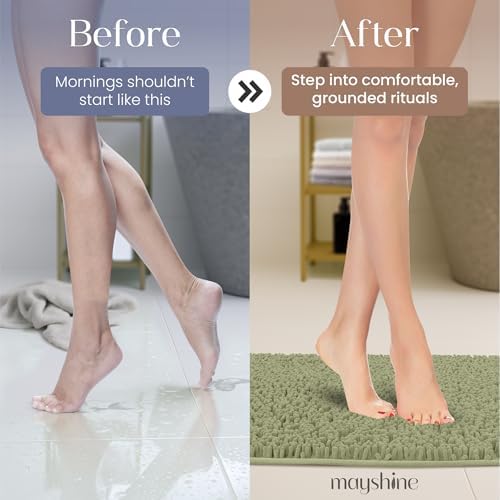 MAYSHINE Standard Plush Shaggy Chenille Bath Mat 32"x20" Extra Soft, Super Absorbent, Non-Slip Bathroom Rug | Fluffy Microfiber, Area Rug Sets for Bathroom Floor, Kitchen, Living Room | Sage Green
