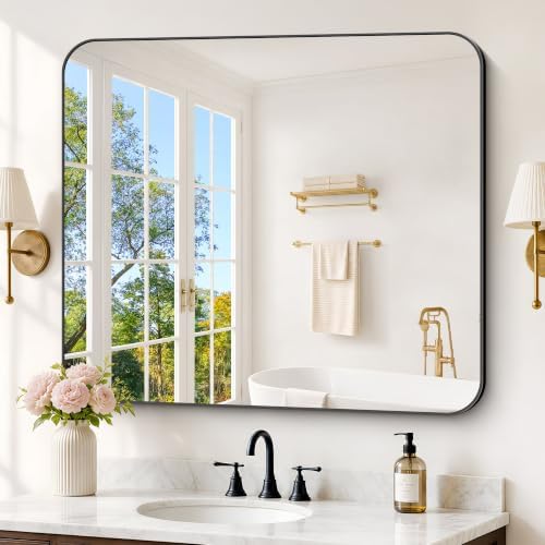 FORBATH Bathroom Mirror 36x40 Inch, Large Rectangular Wall Mirror with Black Aluminum Frame, Rounded Corners, Horizontal or Vertical Mount for Bathroom, Bedroom, Entryway
