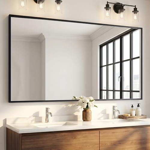 55"x30" Matte Black Wide Bathroom Wall Mirror for Double Vanity