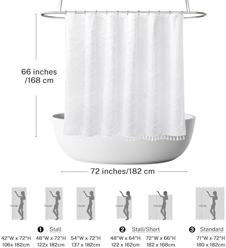 Boho White Woven Fabric Short Shower Curtain with Tassels 72 x 66 Modern Farmhouse Minimalist Tufted Chevron Striped Shabby Chic Textured, Water Resistant Curtain for Bathroom, Hotel Decor