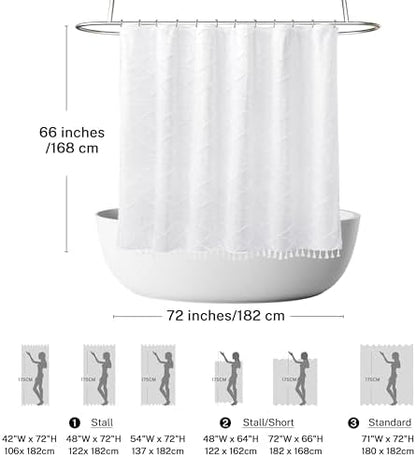 Boho White Woven Fabric Short Shower Curtain with Tassels 72 x 66 Modern Farmhouse Minimalist Tufted Chevron Striped Shabby Chic Textured, Water Resistant Curtain for Bathroom, Hotel Decor
