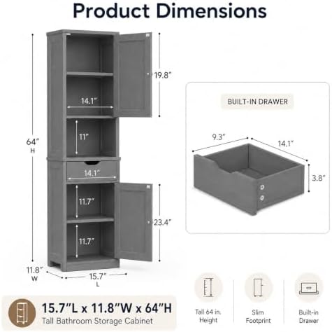 Walsunny Tall Bathroom Storage Cabinet with 6 Adjustable Shelves, Gray