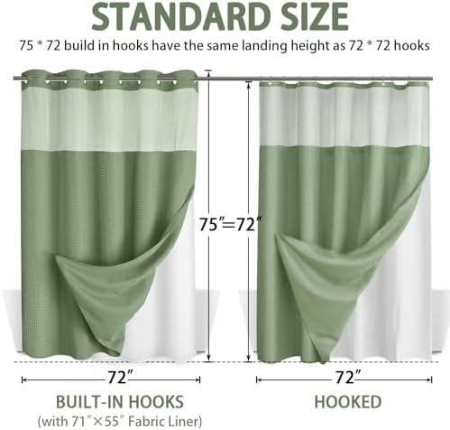 No Hook Shower Curtain with Liner Set Hotel Waffle Curtain Green 72W X 75L