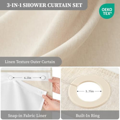 BTTN 54x81 Ringless Linen Textured Shower Curtain with Snap in Liner, Cream