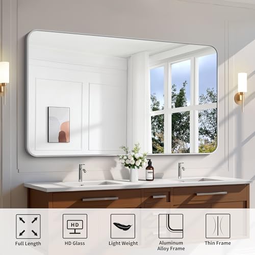 FORBATH 60x36 Inch Silver Bathroom Mirror for Over Sink, Large and Wide Rectangular Wall Mirror with Metal Frame, Rounded Corners for Bathroom, Bedroom, Entryway Decor (Horizontal or Vertical)