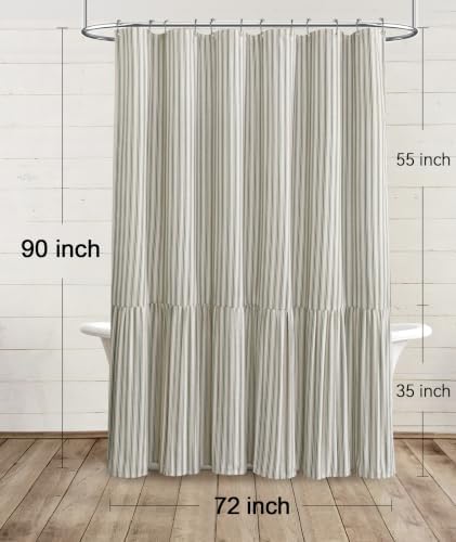 Farmhouse Shower Curtain Ruffle Linen Cream-Green Stripe 72"W x 90"L