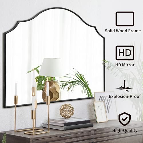 Besdomus Black Scalloped Wall Mirror: 40"x29" Large Wooden Bathroom Mirror