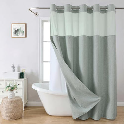 eachope No Hook Fabric Shower Curtain with Snap-in Liner,71x77 Sage Green