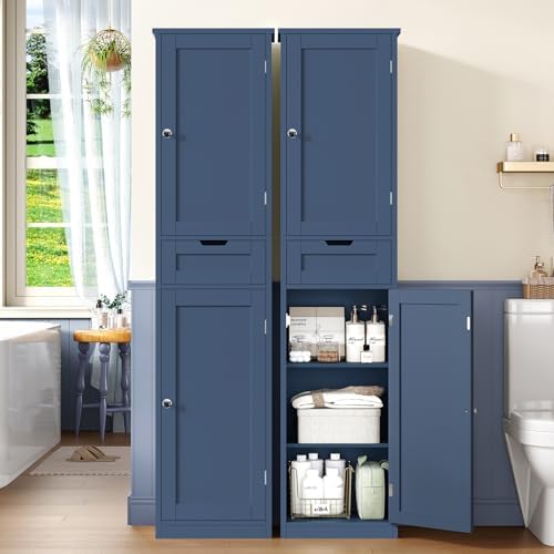 Iwell 66.9" Tall Bathroom Cabinet, Storage Cabinet with 2 Doors & 1 Drawer, Bathroom Storage Cabinets with Adjustable Shelves, for Living Room, Laundry Room, Home Office, Blue
