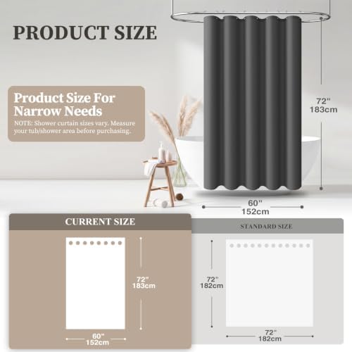 BTTN 60x72 Linen Textured Waterproof Fabric Shower Curtain, Charcoal Grey