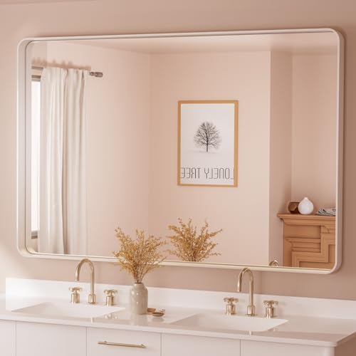 TETOTE White Framed Mirror for Bathroom 60 x 36 Metal Frame Wall Mounted Rectangle Mirror for Vanity with Sandy Textured Surface(Horizontal/Vertical)