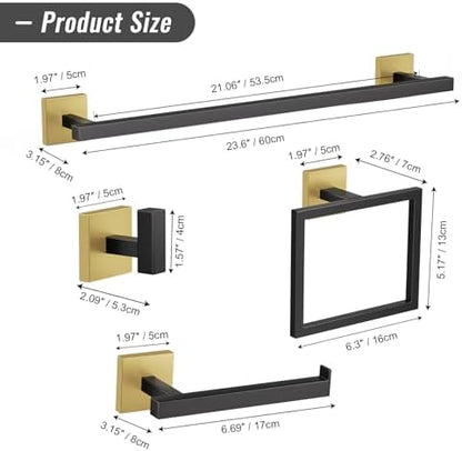 YACVCL Towel Bar Set, 5-Piece Black and Gold Bathroom Hardware Set, Black&Gold Bathroom Accessories Set, SUS304 Stainless Steel 23.6 Inch Towel Holder Towel Racks Set Wall Mounted