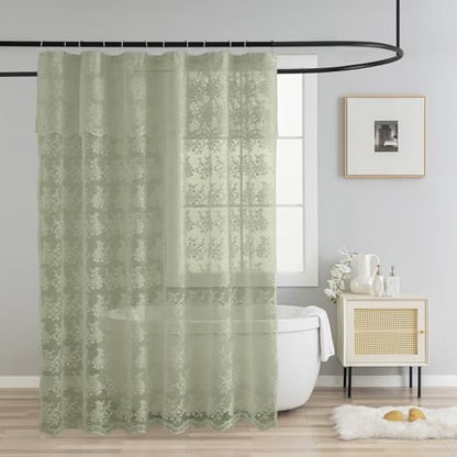 TUDECO Extra Long Green Lace Shower Curtain for Bathroom, 72W x 84L Inch