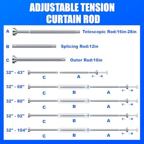 Ausemku Shower Curtain Rod - 32-43 Inch Rustproof Tension Rod, Non-Slip Spring Design, No Drilling Adjustable Curtain Rod for Bathroom, Kitchen, and Closet（Silver）