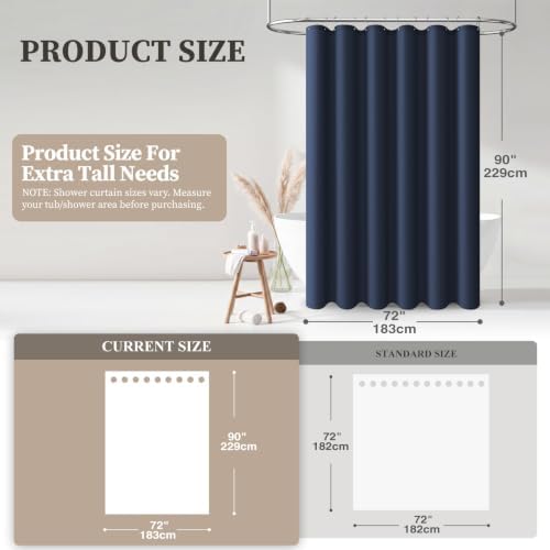 BTTN 72x90 Linen Textured Waterproof Fabric Shower Curtain Set, Navy Blue