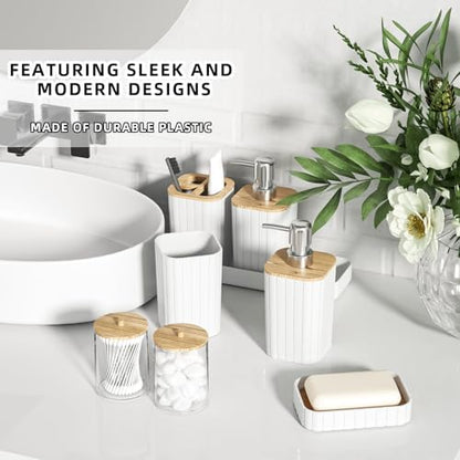 XLHOMO Bathroom Accessories Set - Elegant White Bathroom Set, 10PC Bathroom Accessory Set, Toilet Brush, Trash Can, Qtip Holder Dispenser & Soap Dispenser