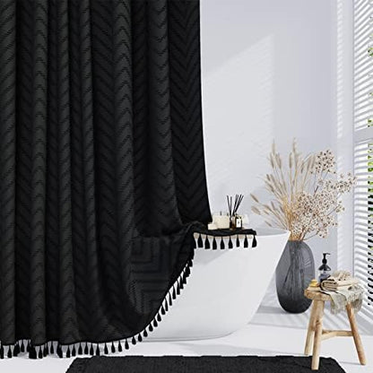 Dynamene Extra Long Boho Fabric Shower Curtain Tufted Chevron 72"x84" Black